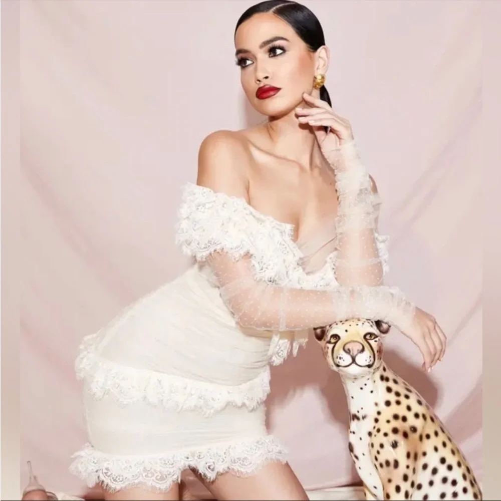 House of CB ‘Sorrel’ Ivory Lace Frill Tulle Asymmetric Minidress NWT - Picture 4 of 15